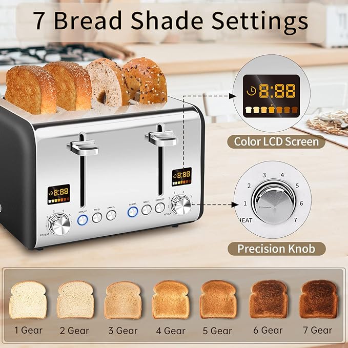 SEEDEEM 4 Slice Stainless Toaster - Color LCD Display, 7 Shade Settings, 1.5'' Wide Slots, Bagel/Defrost/Reheat Functions, Removable Crumb Tray, Dark Chocolate, 1800W