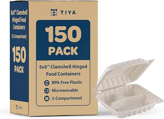 TIYA Clamshell Food Containers - White Bulk 150 Pack, 8x8 in - 3-Compartment To-Go Containers - Microwavable Plastic with Hinged Lid - Great for Meal Prep - BPA-Free