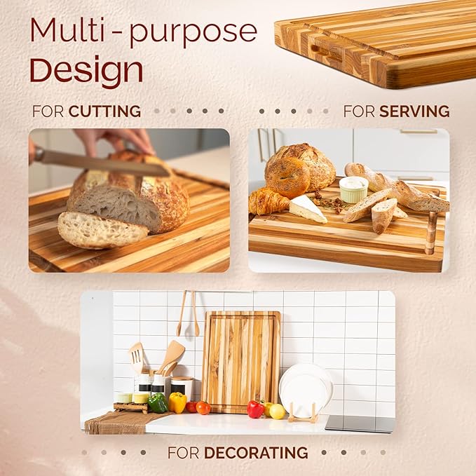 Yes4All Durable Teak Cutting Boards for Kitchen, [20''L x 15''W x 1.5” Thick] Large Edge Grain Cutting Board, Pre Oiled Wood Cutting Boards, Thick Chopping Board w/Juice Grooves and Easy Grip Handle