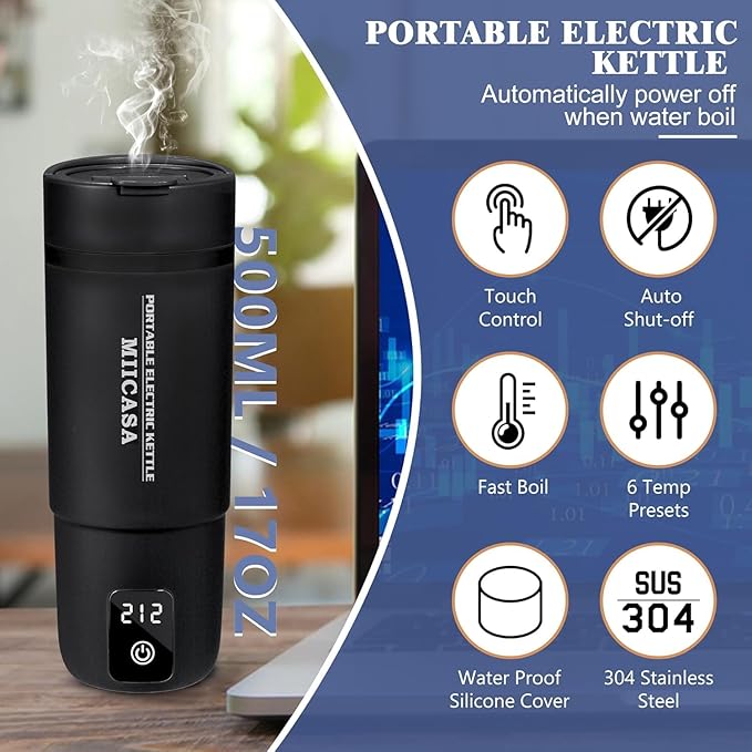 Travel Kettle,Miicasa Portable Electric Kettle,Smart Small Water Boiler for Tea & Coffee,6 Temperature Control,Auto Shut Off & Boil Dry Protection,17oz