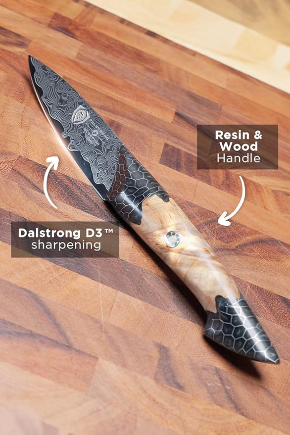 Dalstrong Paring Knife With Cover- 4”-Scorpion Series - Venom Edition - Japanese Steel Chef Knife - Spiral Sandstorm Blade Pattern - Black Honeycomb Resin Handle - w/Leather Sheath