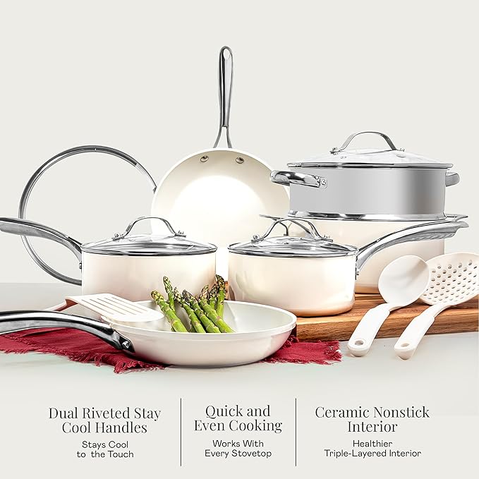 Gotham Steel 12 Pc Ceramic Cookware Set Nonstick, Ceramic Pots and Pans Set Non Stick with Steamer for Cooking, Non Toxic PFOA PFOS Free, Premium Stay Cool Handles, Oven & Dishwasher Safe