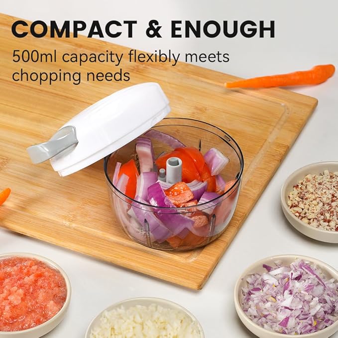 Manual Food Processor & Vegetable Chopper White - 2.3 Cup Mini Hand-Pull Cord Kitchen Chopper for Onion, Garlic, Vegetables with 3 Stainless Steel Blades