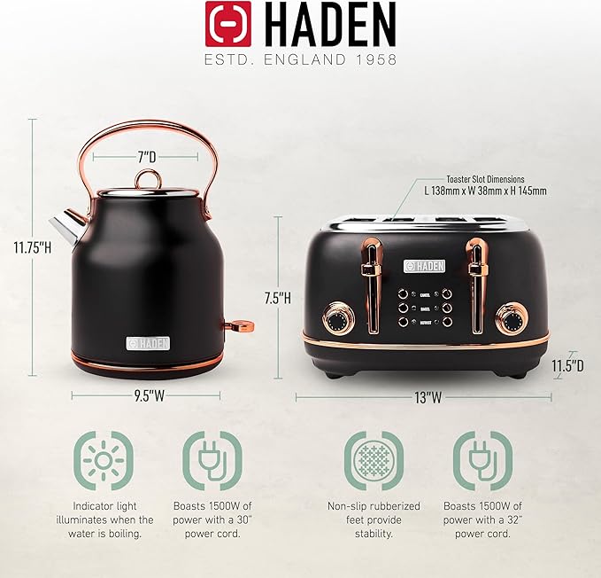 Haden Heritage 4 Slice Wide Slot Stainless Steel Toaster Bundled with 1.7 Liter Stainless Steel Electric Water Kettle, Black & Copper