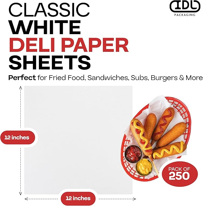 White Deli Paper Sheets, 12" x 12" (250 pcs.) - USA-Made Premium Food Basket Liners - PFAS-free Grease Resistant Deli Paper Sheets for Snack & Baking Wrap, Picnic & Party by IDL Packaging
