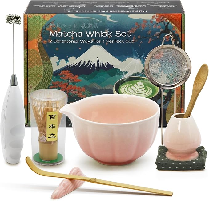 Matcha Whisk Set Incl. Ceramic Bowl With Spout, Whisk (Chasen), Stand, Bamboo Scoop, Sifter, Electric Frother, Tea Towel etc. 9 Pcs Matcha Making Starter Kit, White&Pink