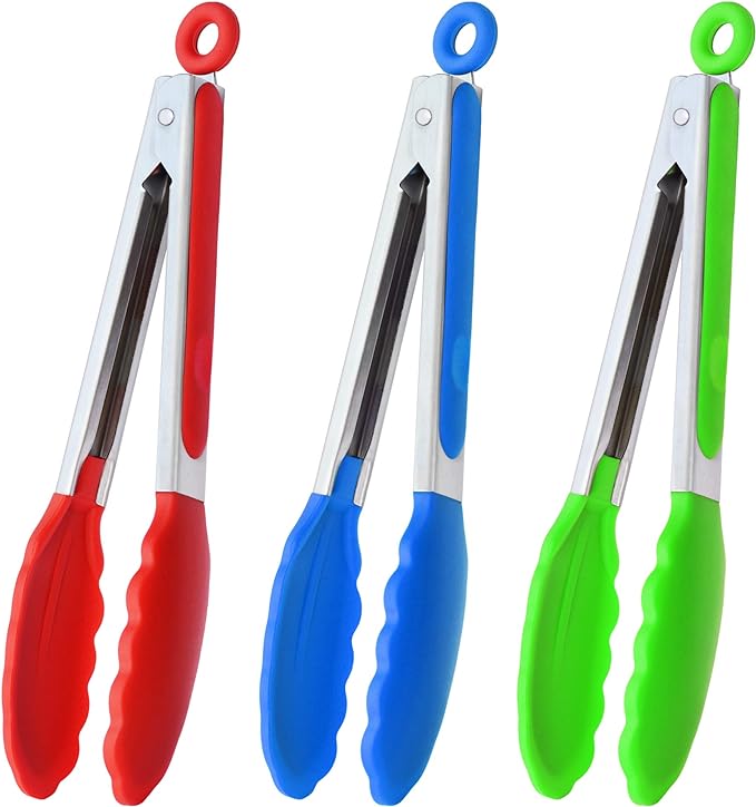 9" Silicone Kitchen Tongs with Silicon tips, Set of 3 (Red Blue Green)