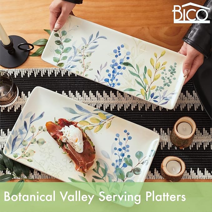 Bico Botanical Valley Ceramic 14 inch Rectangular Serving Platter, Set of 2, for Serving Salad, Pasta, Cheese, Ham, Appetizer, Microwave & Dishwasher Safe