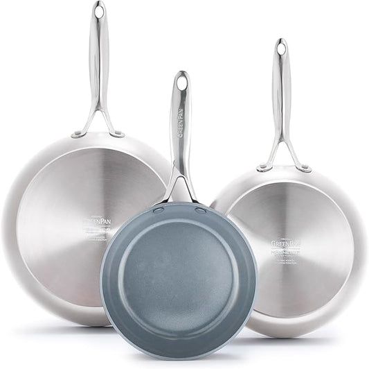 GreenPan Valencia Pro Tri-Ply Stainless Steel 8” 10” & 12” Frying Pan Skillet Set, Ceramic Nonstick PFAS-Free Coating, Multi Clad Cookware, Induction, Dishwasher Oven and Broiler Safe