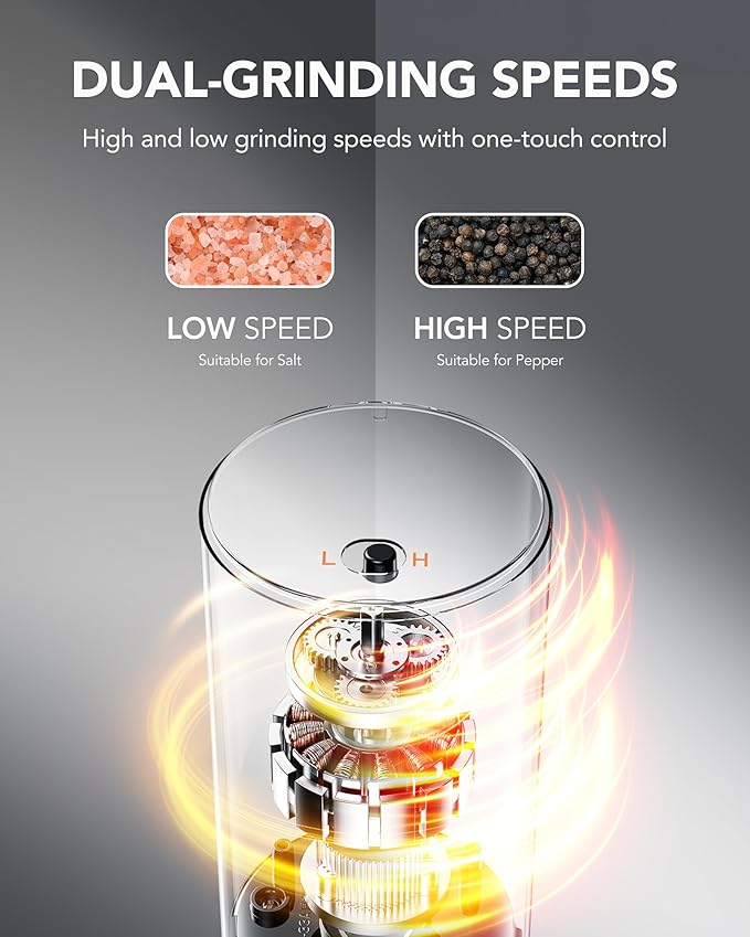 FORLIM 2-Speed Electric Salt And Pepper Grinder Set, External Rotation To Adjust Coarseness, Rechargeable Aluminum Alloy Pepper Mill With Base, One-Button Automatic Grinding, Washable Container