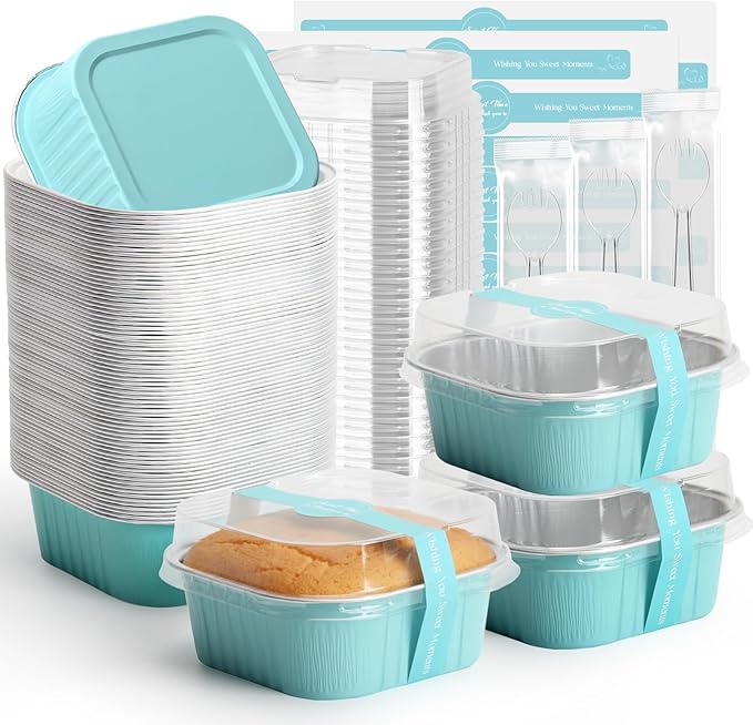 Ruckae 5oz 100 Pcs Square Mini Loaf Pans with Lids-Disposable Foil Dessert Containers,Mini Cake Pans with Lids,Aluminum Dessert Cups for Parties and Weddings (Light Blue, 5oz)
