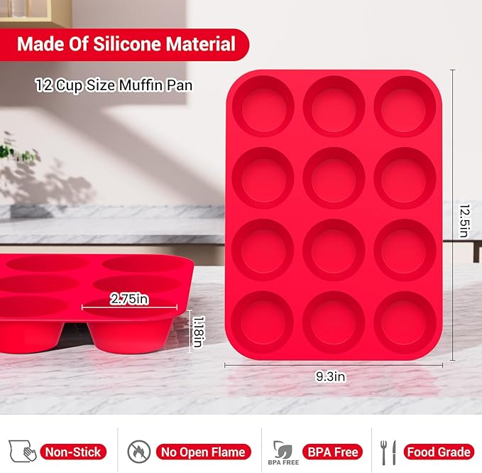 Redfly 3 Pack Silicone Muffin Pan & Cupcake Pans for Baking - 12 Cup Regular Size BPA Free Egg Bites Molds