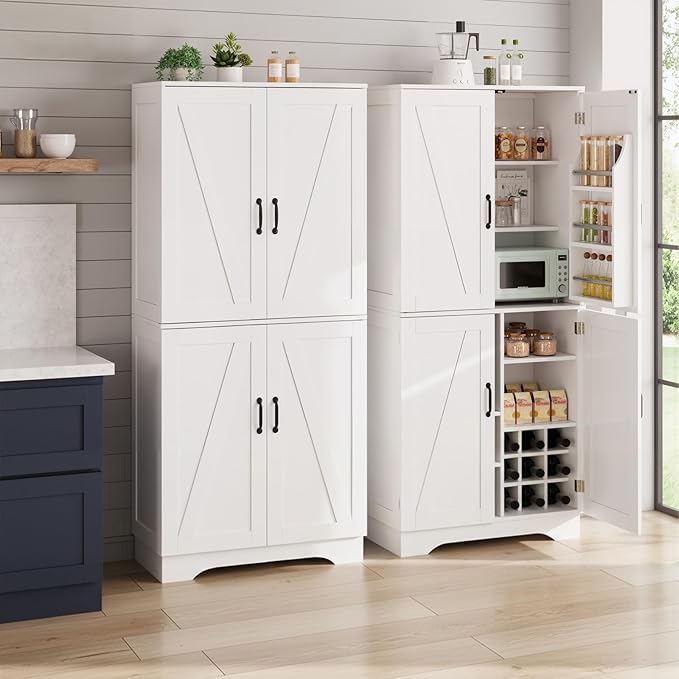 71" Tall Kitchen Pantry, Farmhouse Storage Cabinet with Doors, Shelves, Rustic Wood Cupboard, Built-in Wine Storage Grid & 6 Door Shelves for Kitchen, Dining Room, White
