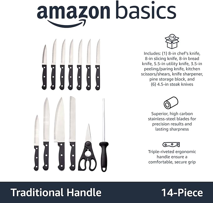 Amazon Basics 14-Piece High Carbon Stainless Steel Kitchen Knife Set with Sharpener and Pinewood Block, Black