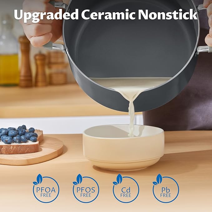 10 Quart Nonstick Stock Pots with Lid, BEZIA Ceramic Soup Pot with Lid, Induction Ready, Cooking Pots with Silicone Handle, Large Pot for Cooking, Compatible with All Cooktops, Dishwasher Safe