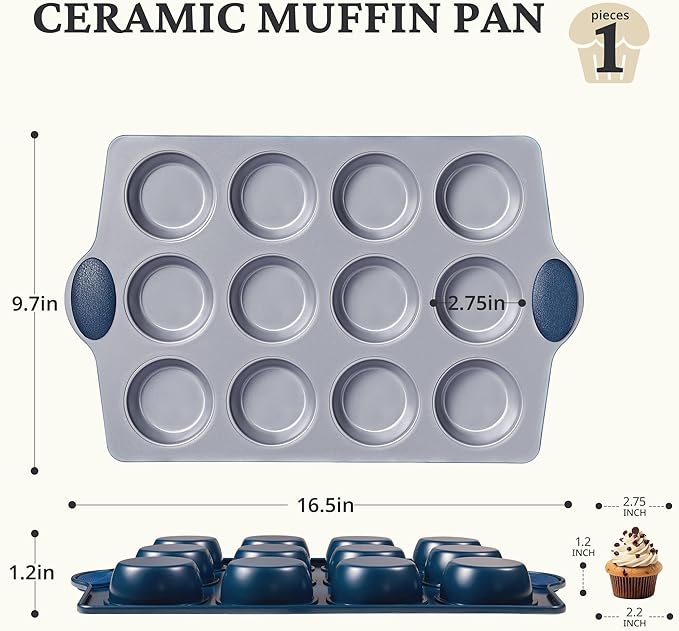 BRONYPRO Ceramic Muffin Pan,12-Cup Nonstick Aluminized Steel Cupcake Pans, Healthy Non-Toxic Ceramic Coating Muffin Tin, 1 Pack Cup Cake Pans for Baking Blue