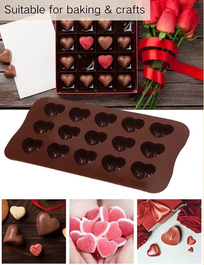 Silicone Chocolate Mold, Heart Shaped Cavities for Easy Release Treats 15 Cavity Candy Bar Gummy Molds for Valentine Baking, Pistachio, Candy, Snacks