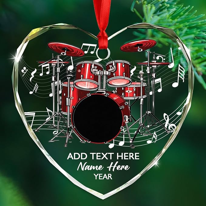 Personalized Drum Musical Instrument Glass Ornament, Customized Year Text Name Christmas Ornaments Gift for Drummer Husband Wife Dad Mom Kids, Unique Drum Set Glass Christmas Ornament for Birthday