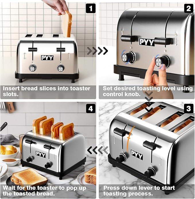 PYY Commercial Toaster 4 Slice for Restaurant - Wide Slots 1.57 inch Stainless Steel 6-Level Setting, with Removable Crumb Tray, 225 Slices/Hour 1800W - Bread, Bagels, Breakfast, Texas Toast