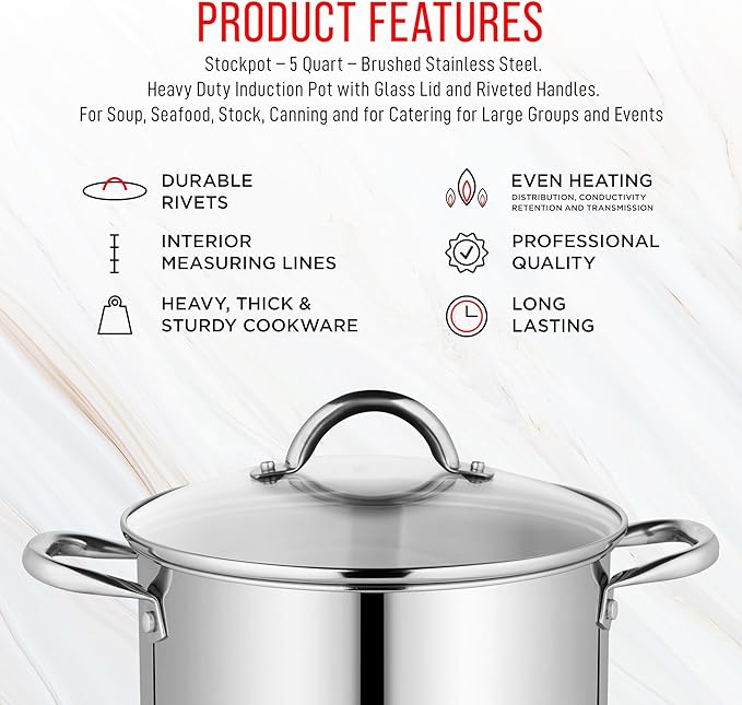 Stainless Steel Stockpot with Tempered Glass Lid 5 Quart, Durable 18/0 Stainless Steel, Impact-Bonded Base for Even Heating, Riveted Handles, Oven & All Stove Compatible, Safe Up To 500°F (260°C)
