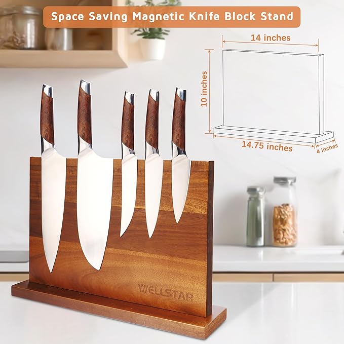 Modern Acacia Magnetic Knife Block Holder 14 x 10 Inches, Large Dual-Sided Strong Magnet Wood knives Stand, Luxurious Kitchen Counter Rack Organizer for a Stable and Stylish Cutlery Display