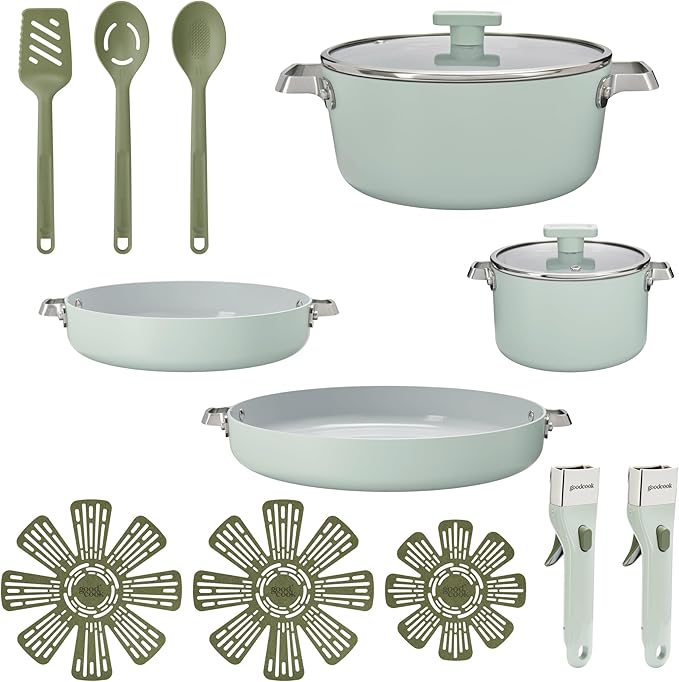GoodCook Ceramic Cookware Set, Made without PFAS, PTFE, PFOA, Lead & Cadmium, Induction Compatible, Nonstick and Oven Safe with Removable Handle, 14 Piece, Sage Green
