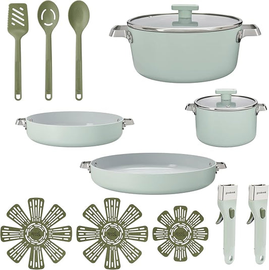 GoodCook Ceramic Cookware Set, Made without PFAS, PTFE, PFOA, Lead & Cadmium, Induction Compatible, Nonstick and Oven Safe with Removable Handle, 14 Piece, Sage Green