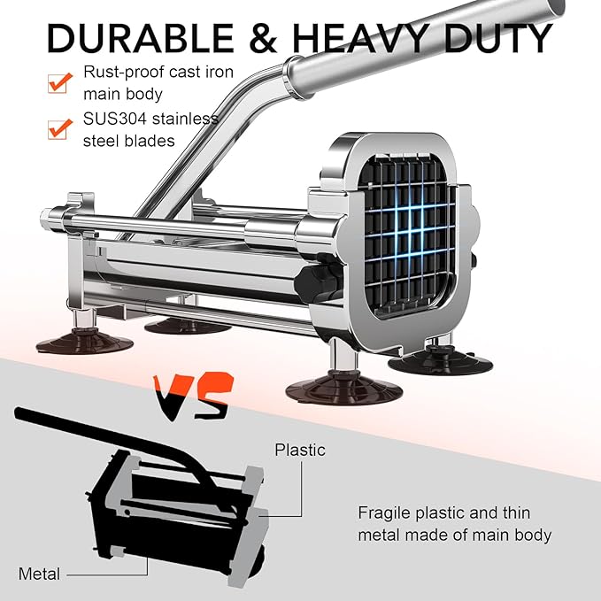 French Fry Slicer, Stainless Steel Potato Cutter with 1/4 inch and 1/2 inch Blades for Thin and Thick Fries, Commercial French Fry Cutter for Homemade Sweet Potatoes Carrots, and Cucumbers