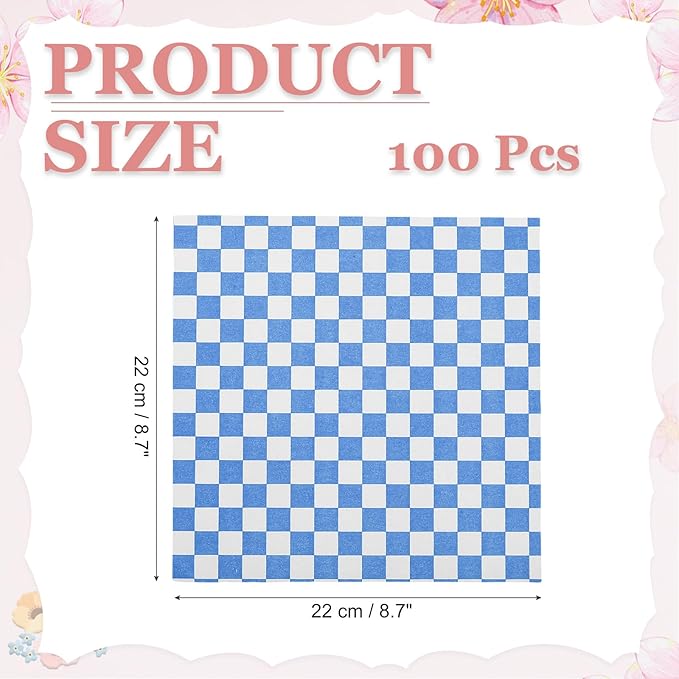 PATIKIL 8.7" x 8.7" Waxed Paper Sheets, 100Pcs Square Pattern Oil-absorbing Dry Food Wrapping Paper for Bakery Coffee Shop Home Baking Kitchen DIY, Blue