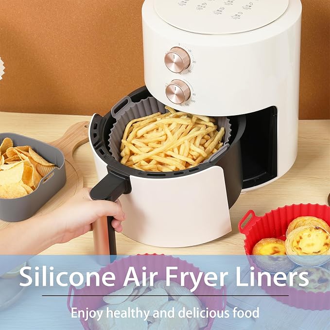 Air Fryer Silicone Liners, Pot 4 Pcs Reusable Non-Stick Air Fryer Basket Bowl Fit 3-5QT Air fryer Baking Replacement of Flammable Parchment Paper(Round, 6.5 Inch)