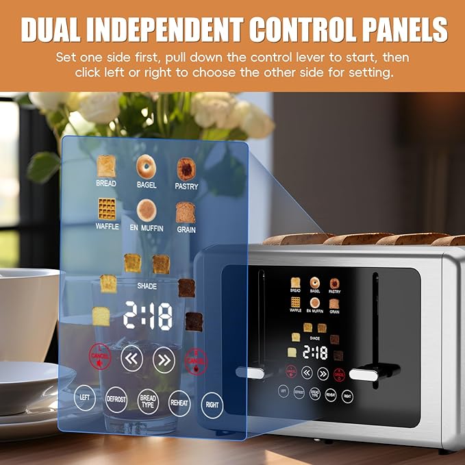 whall 4 Slice Touch Screen Toaster, Stainless Steel Toasters Digital Timer, Dual Control Panel Toasters，6 Shade Settings＆6 Bread Types, Smart Wide Slots, Bagel, Cancel, Defrost