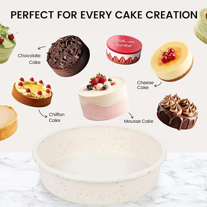 Vinino 8 Inch Silicone Round Cake Pan with Metal Reinforced Frame Set of 2, Nonstick Silicone Springform Pan for Baking Suitable for Making Layers, Cheese & Chocolate Cakes