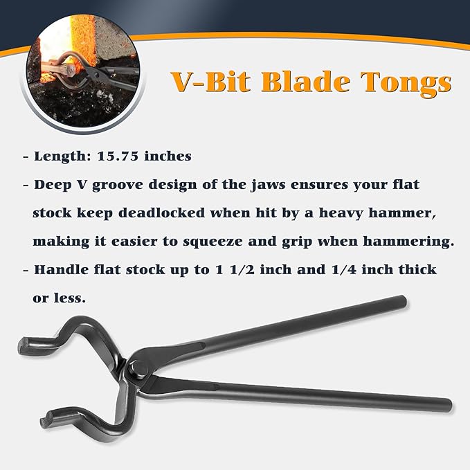 Blacksmith Tongs Set - V-Bit, Flat, Blade, Square Jaw, Wolf Jaw Tongs (5PCS)