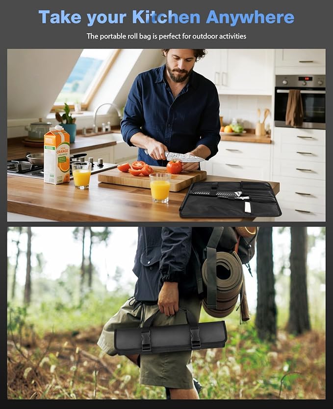 4PCS Kitchen Knife Set,High-Carbon Stainless Steel Chef Knife Set, Portable Knife Roll Bag, Portable Knives for Outdoor Camping and Travel