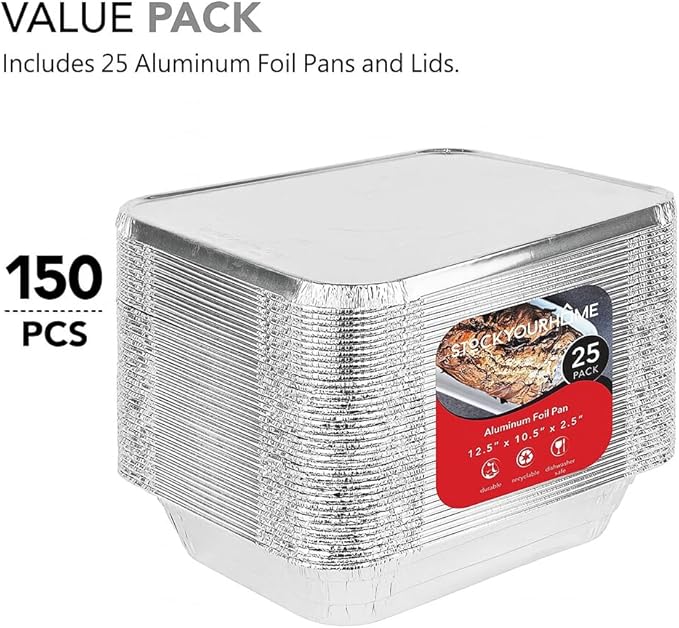 Foil Pans with Lids - 9x13 Aluminum Pans with Covers - 150 Foil Pans and 150 Foil Lids - Disposable Food Containers Great for Baking, Cooking, Heating, Storing, Prepping Food