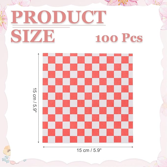 PATIKIL 5.9" x 5.9" Waxed Paper Sheets, 100Pcs Square Pattern Oil-absorbing Dry Food Wrapping Paper for Bakery Coffee Shop Home Baking Kitchen DIY, Red