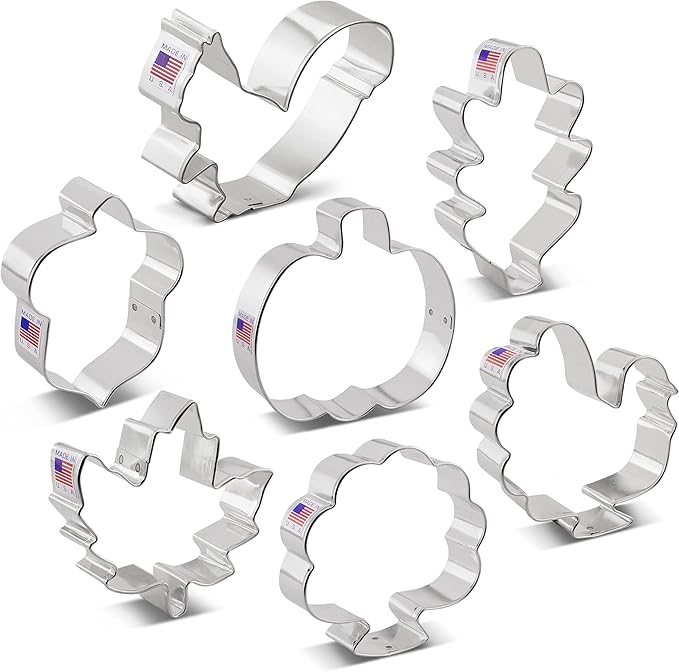 Fall and Thanksgiving Cookie Cutters Set 7-Pc. Made in the USA by Ann Clark, Pumpkin, Maple Leaf, Turkey, Squirrel, Acorn