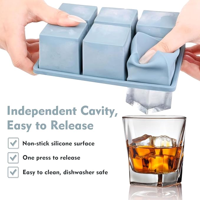 Ice Cube Trays for Freezer 3-Pack - Large Silicone Ice Cube Molds with Stainless Steel Ice Cube Holder Huge Square Ice Trays for Cocktails, Whiskey, and Brandy