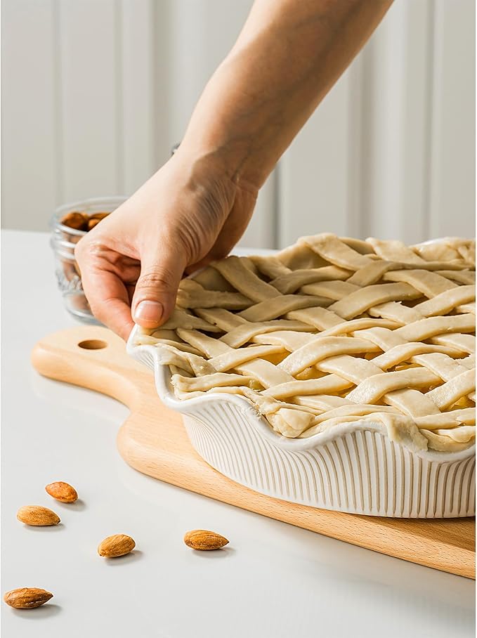 Ceramic Deep Pie Pan for Baking, 11 inch Porcelain Pie Dish for Apple Pie, Oven & Dishwasher Safe, Farmhouse Decor, 48 Ounce Deep Plate for Kitchen, Non-Stick Pie Pans, Off-White