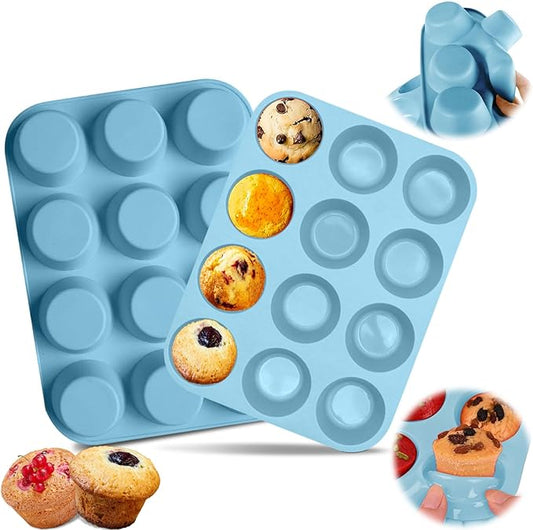 12 Cups Silicone Muffin Pan, Nonstick Cupcake Pan, Heat Resistant Silicone Muffin Tin, Reusable Cupcake Moulds Baking Pan for Cakes, Bread (Blue-2 Packs)