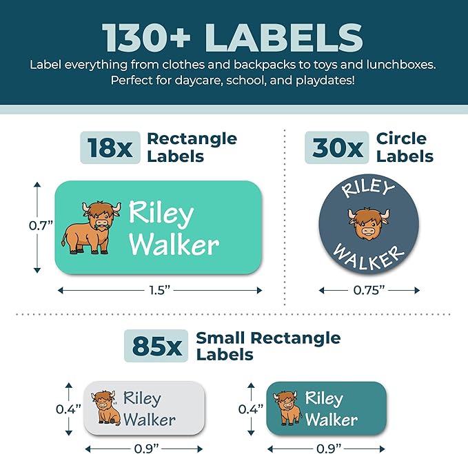 Personalized Daycare Name Labels for Kids (130 Labels) - Custom Waterproof Name Stickers for Clothing Tags, Water Bottles, Lunch Boxes and School Supplies (Highland Cows)
