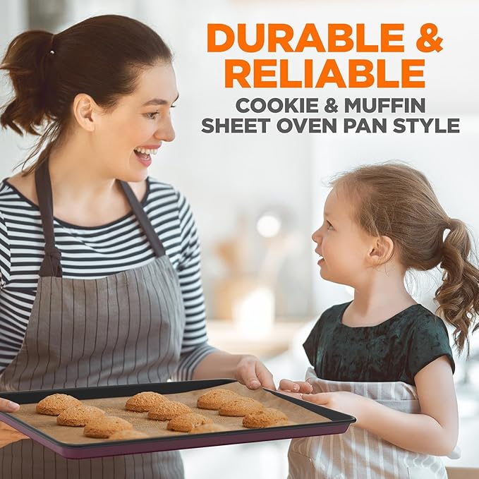 NutriChef 8-Piece Nonstick Stackable Bakeware Set - PFOA, PFOS, PTFE Free Baking Pan Set w/Non-Stick Coating, 450°F Oven Safe, Round Cake, Loaf, Muffin, Wide/Square Pans, Cookie Sheet (Plum)