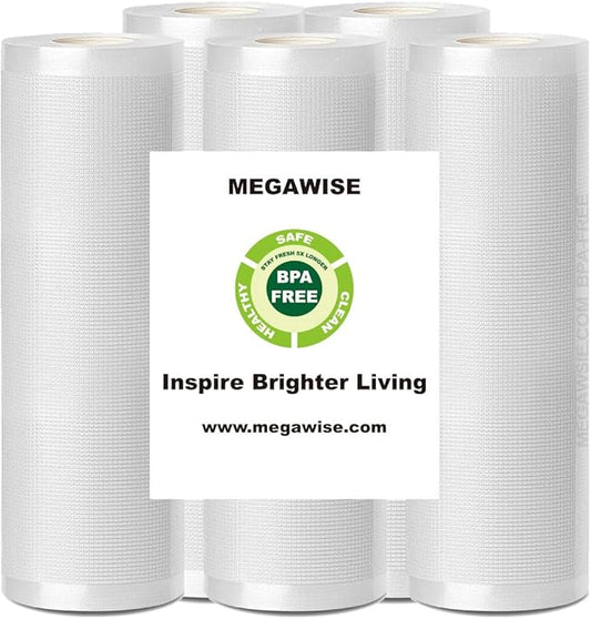 MegaWise 5 Rolls of Vacuum Sealer Machine Bags, 8 inch wide and 21.6 Feet Long for Megawise & other brand vacuum Perfect for Meal Prep and Sous Vide Cooking
