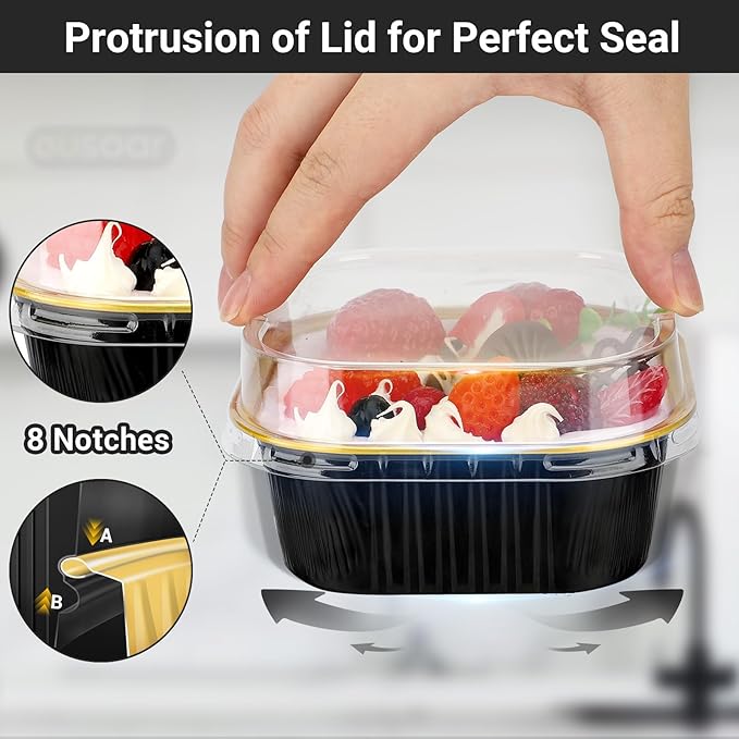 EUSOAR Square Dessert Cups with lids, 10oz 50pcs Disposable Muffin Liners Cupcake Cups Desserts Flan, 300ml Baking Cups, Aluminum Foil Desserts Flan, Custard Cake Catering Gathering Favor-Black Gold