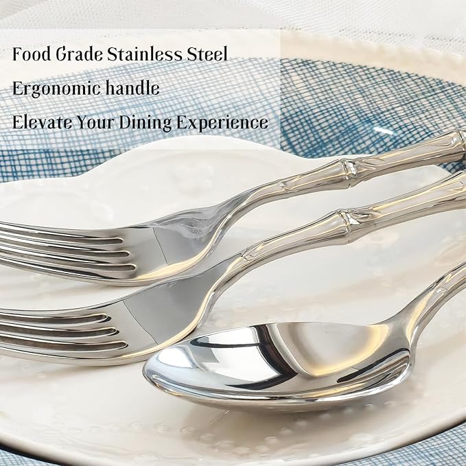 20-Piece Silverware Set with bamboo Handle,Stainless Steel Flatware Set, Modern Cutlery Set, Service for 4, Mirror Finish Dishwasher Safe
