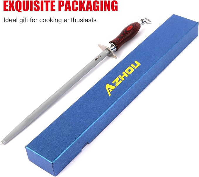 Azhou 12 Inch Superfine Honing Steel, HRC 65±1, T12 Carbon Steel with Sand Blasting, Knife Sharpening Kit with Wooden Handle, Professional Knife Sharpener