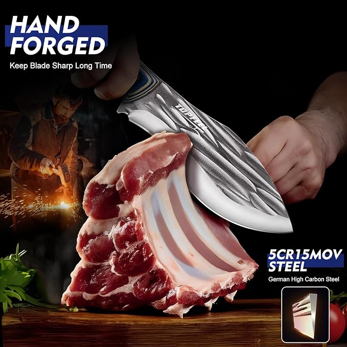 3PCS Butcher Knife Set for Meat Cutting， Hand Forged Professional Chef Knife Set Meat Cleaver Boning Knife for Home, Outdoor Cooking, Camping BBQ Gift Idea Men