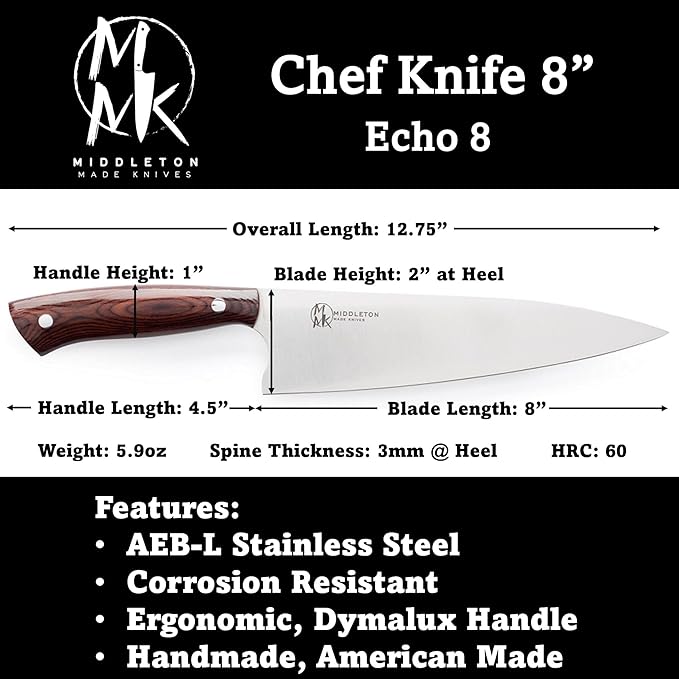 Middleton Made Knives Echo 8 Inch Chef Knife - Handmade Professional Chef Knife - Chefs Knife Made with AEB-L Stainless Steel - USA Made Knife - Great Chef Gifts - Pearl