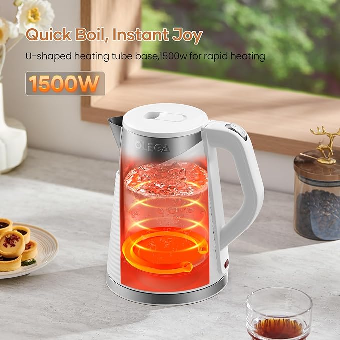 OLEGA 1.8L Electric Water Kettle: 1500W Electric Kettles for Boiling Water, BPA-Free Stainless Steel Electric Hot Water Kettle Auto Shut Off Water Boiler Tea Kettle Teapot for Tea Coffee, White