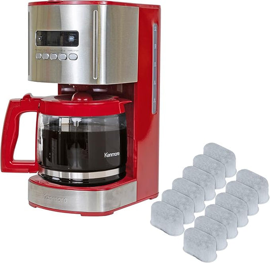 Kenmore Aroma Control 12-cup Programmable Coffee Maker, Red and Stainless Steel Drip Coffee Machine & Kenmore/Keurig/Cuisinart/Braun compatible replacement charcoal water filter 12 Pack pure